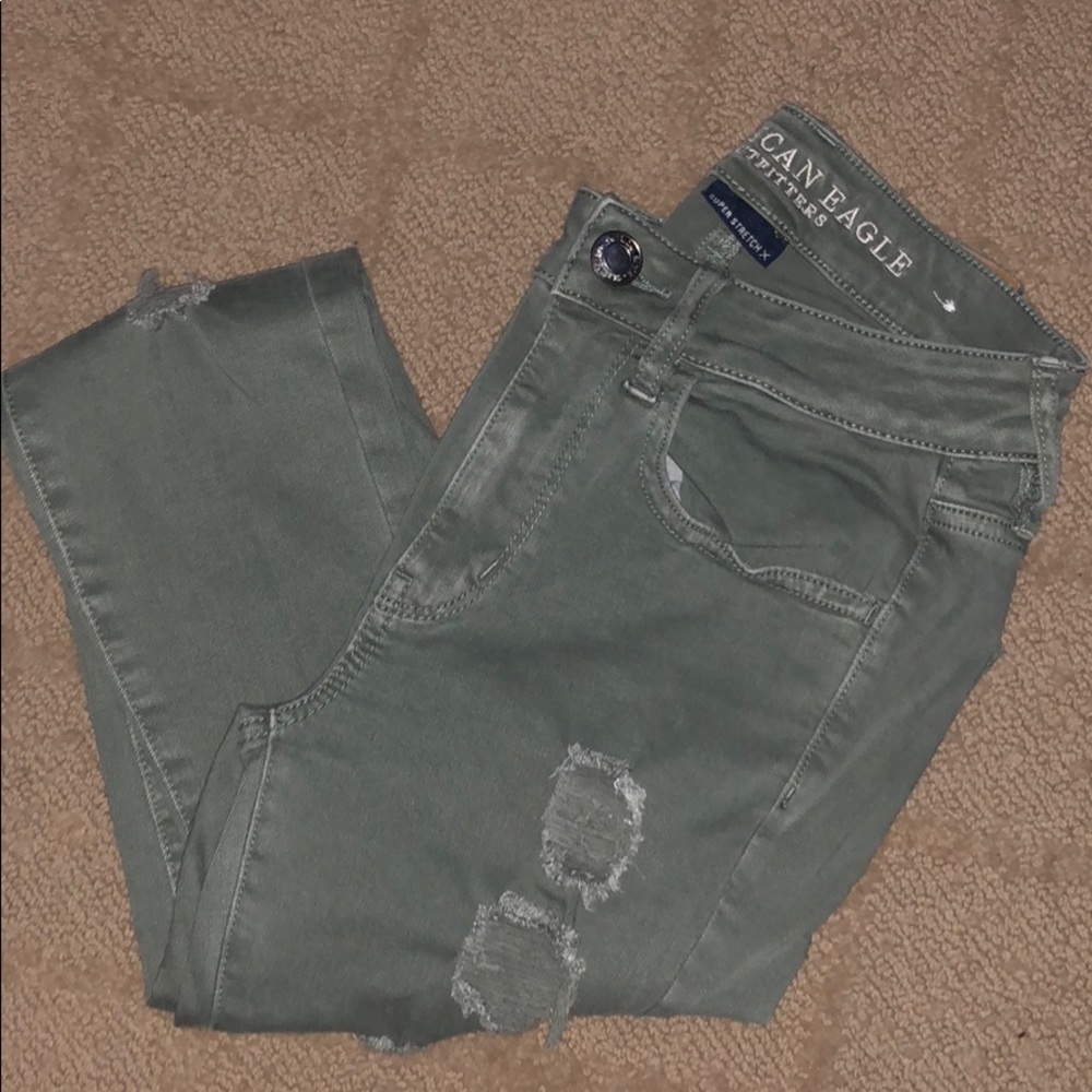 Army Green Ripped American Eagle Hi- Rise Jeggings